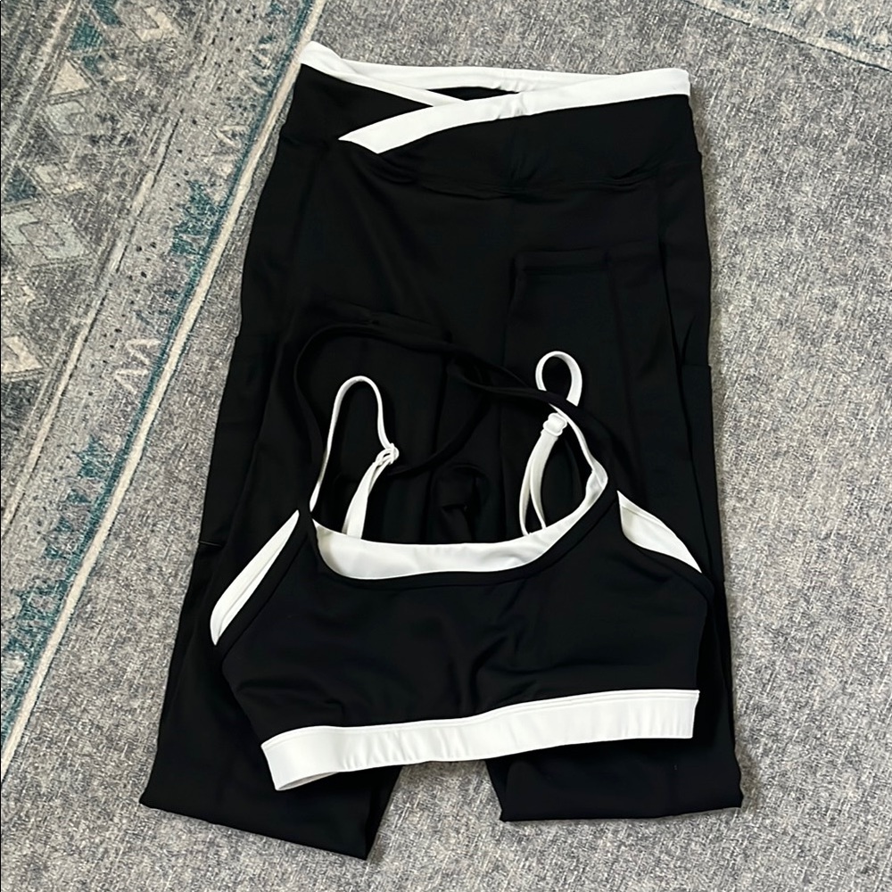 Black and White Colorblock Leggings with Matching Sports Bra